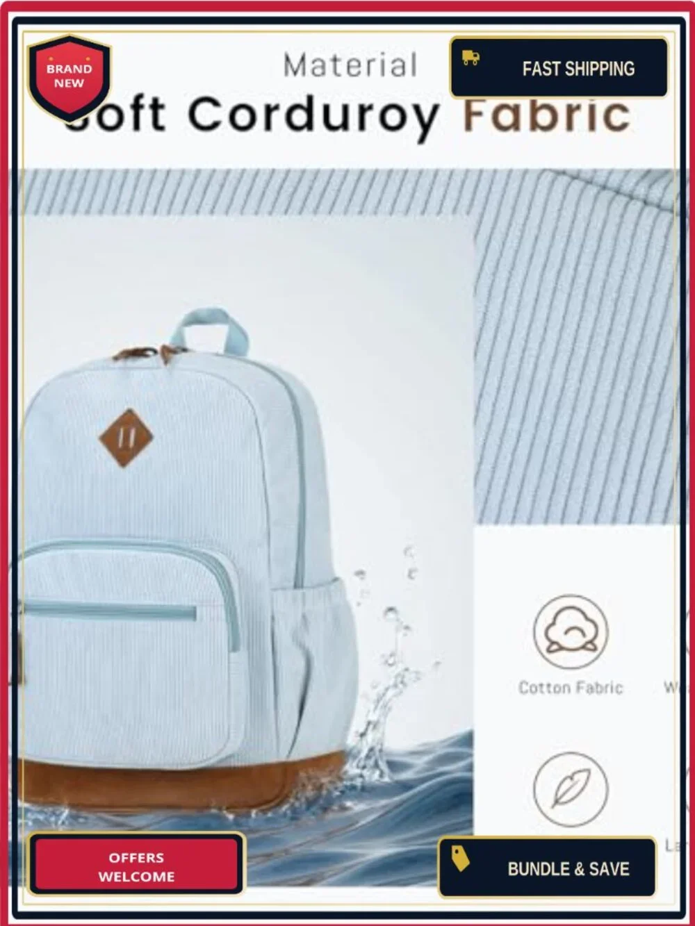 Corduroy Teen Student Backpack 24L Fits 15.6in Laptop, DIY Blank